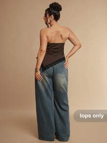 SHEIN BAE CURVE Plus Size Women's Brown Lace Tube Top , Tight Ruched Asymmetrical Design Hem Top, Summer, 4th Of July - Brown - View 6
