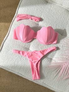 Swim Mod Conjunto sexy de 2 piezas con copa rígida de patchwork de pétalos, cuello halter y tirantes desmontables, color liso - Rosa - View 3