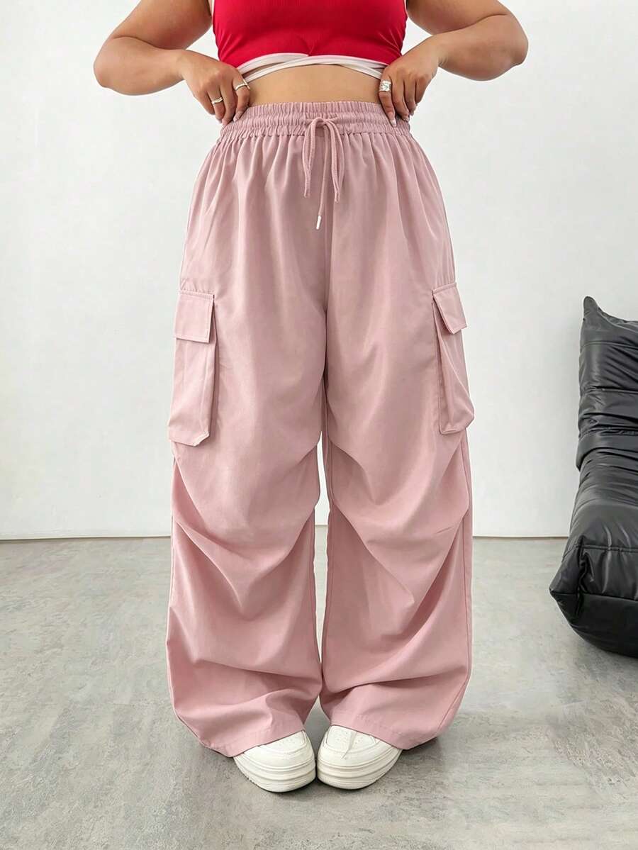 SHEIN Tall CURVE 大尺碼女款純色抽繩腰多功能休閒工裝褲 - 粉色 - 查看 1