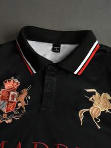 STYNVO 男士大尺碼字母條紋印花短袖休閒 Polo 衫 - 黑色 - 查看 3
