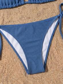 Swim Basics 女款紋理性感掛脖綁帶比基尼兩件式泳衣套裝，適合度假 - 霧霾藍 - 查看 4