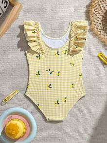 Souflis Souflis Baby Girl Lemon Plaid Print One-Piece Swimsuit With Ruffle Shoulder Design, Cute For Vacation, Beach, Summer Swimming, Party, Gathering, Pool - Multicolor - View 2