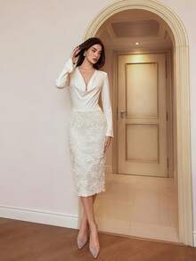 Modelyn Women's Solid Color Deep V-Neck Long Sleeve Lace Patchwork 3D Floral Dress Evening White Floral Autumn Elegant Dinner Party Casual Cocktail Wedding - Apricot - View 4