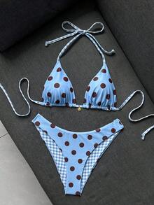 Swim Mod Women's Summer Beach Polka Dot Halter Tie Sexy Bikini And Triangle Bottom Two-Piece Swimsuit Set - Blue - View 3