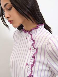 Nöista Striped Ruffle High-Neck Blouse With Puff Sleeves And Contrast Piping; Perfect For Office, Meetings, Brunch, Dates, Romantic, Preppy, Winter, Autumn - Mauve Purple - View 2