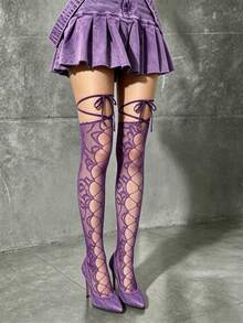 ROMWE 1Pair Sweet Kawaii Versatile Purple Strap Hollow Over Knee Fishnet Socks - Purple - View 2