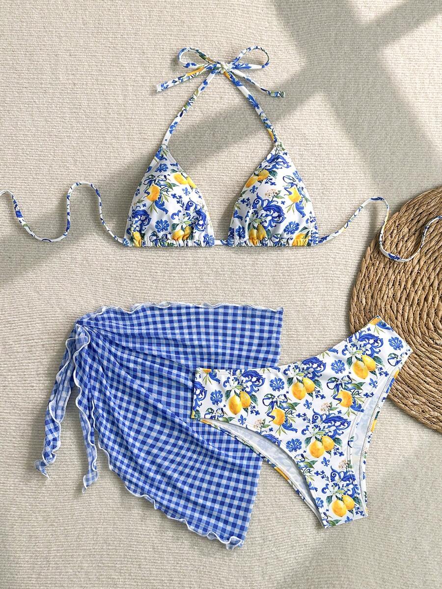 Swim Mod 女款夏季海灘花卉印花掛脖綁帶性感比基尼三角褲兩件式泳衣套裝附迷你裙 - 彩色 - 查看 1