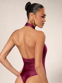 Hauture Women's Solid Color Halter Neck Slim Fit Fashion Bodysuit - Red Violet - View 2