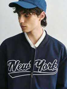 Sonviro Jaket Bomber Kasual Lengan Panjang Pria dengan Cetakan Huruf, Musim Gugur, Untuk Musim Gugur - Navy Blue - View 4