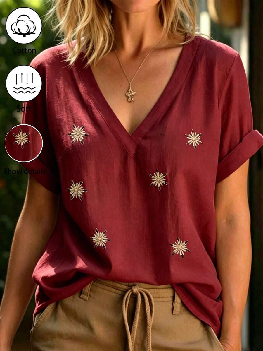 Balvessa 女款棉質刺繡落肩短袖白色襯衫 - 酒紅色 - 查看 1