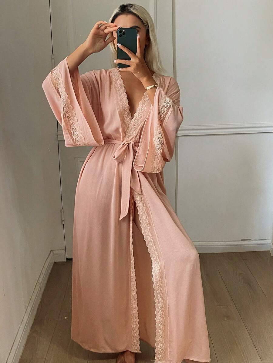 DAZY Summer Autumn Lace Patchwork Women's Nightgown Pajamas - Pink - View 1