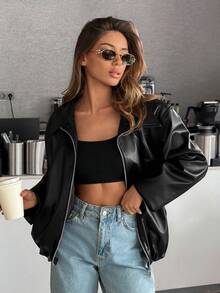 Muchica Women's Black PU Leather Bomber Jacket – Faux Leather Zip Up Short Jacket With Oversized Collar - الأسود - مشاهدة 5