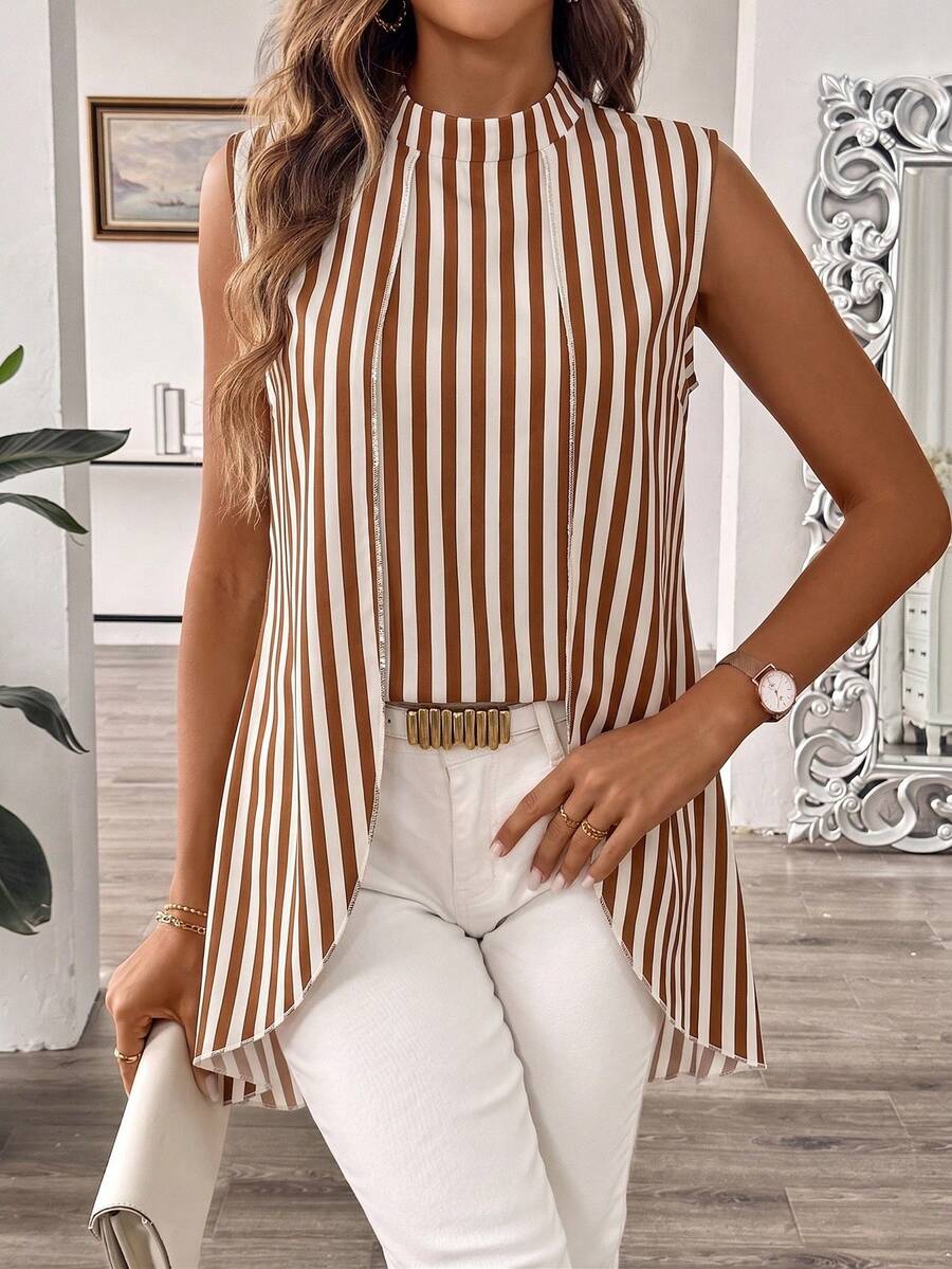 SHEIN Holidaya 女士条纹印花无袖不对称下摆衬衫 - 彩色 - 查看 1