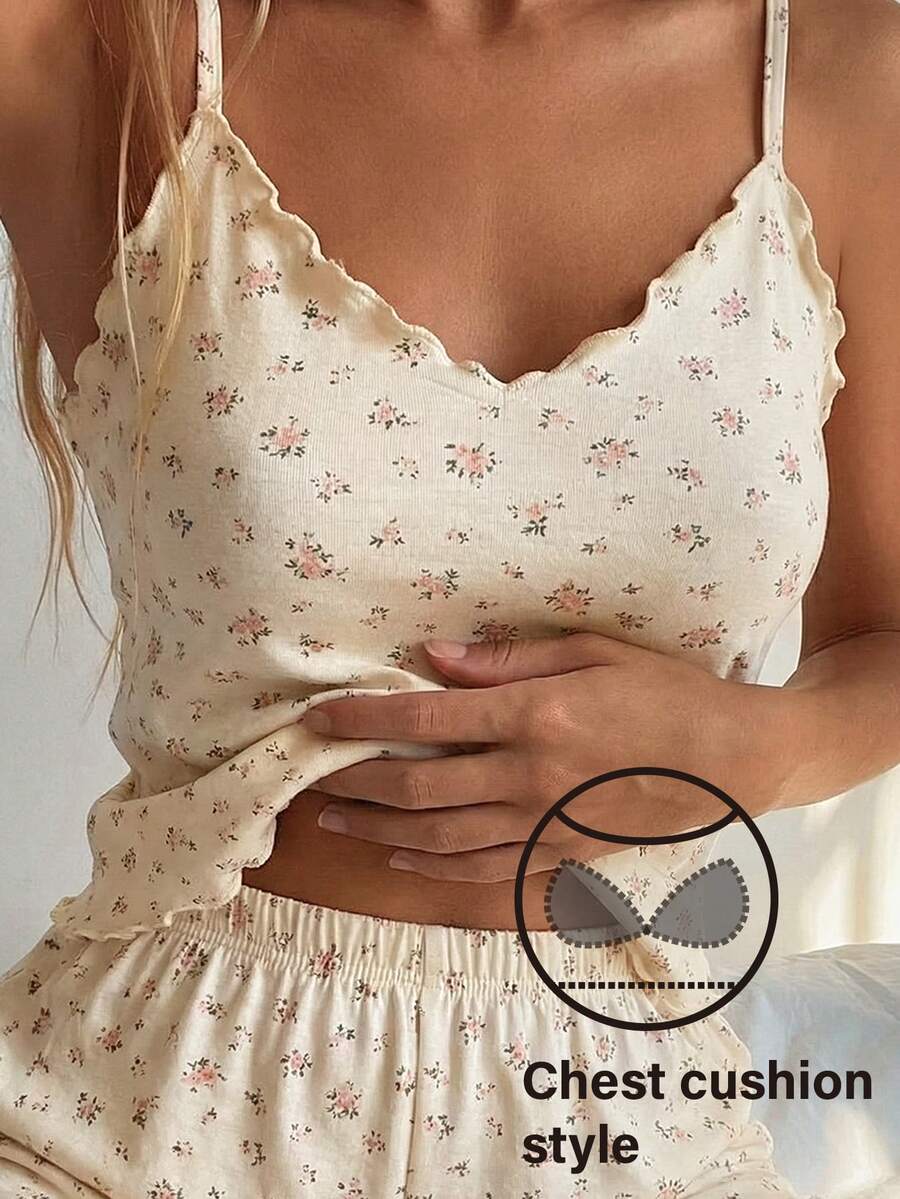 DAZY 甜美碎花波浪下擺無袖細肩帶短版背心女款內搭上衣 - 米色 - 查看 1