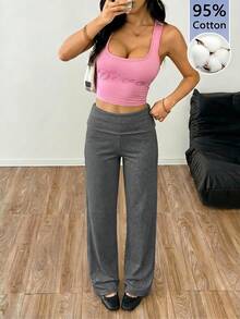 SHEIN EZwear 休閒簡約 95% 棉 深灰色高腰寬腿鬆弛休閒長褲，適合春夏穿著 - 深灰色 - 查看 6