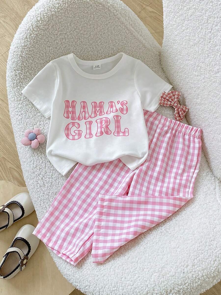 SHEIN Playful Pals 2-teiliges Sommer-Mode-Set für Baby-Mädchen im minimalistischen Streetstyle, weißes Kurzarm-T-Shirt mit rosa karierter Stickerei-Dekoration auf der Brust und rosa gestreifte lange Hose, geeignet für Alltag, Schule, Lässig und Sport - Pink - Übersicht 1