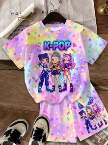 青少年女孩卡通女孩 K-Pop 卡通女團印花圖案 粉色漸層 短袖 T 恤與短褲 2 件套 夏季穿著 - 彩色 - 查看 3
