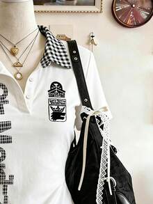 Lalippa Letter Print Fashionable Minimalist Women's Polo Collar T-Shirt, Gift For Friends - White - View 3