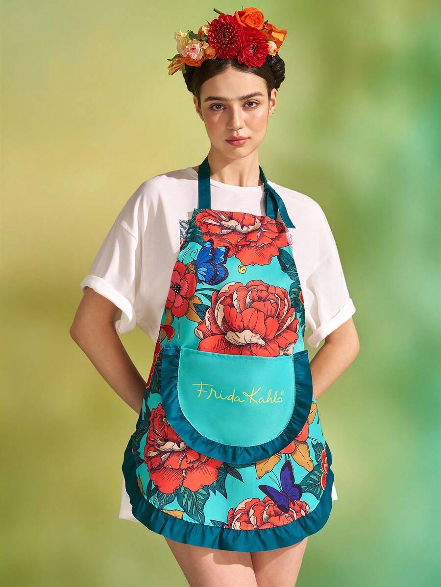Frida Kahlo X SHEIN 1 件花卉人物图案围裙，适用于烘焙、厨房清洁、礼品 - 綠色 - 查看 1