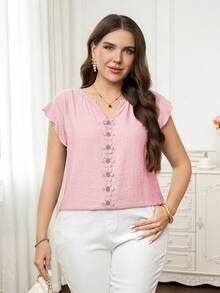 Reflora Plus Size Women's Textured Patchwork Ruffle Lace Loose Short Sleeve Blouse, Spring/Summer Holiday Pink Casual - Pink - View 4