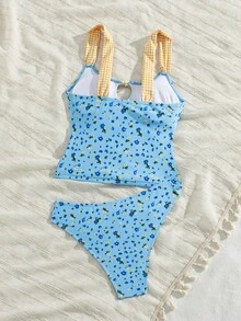 Swim Mod 女款花卉印花格紋拼接坦克比基尼上衣與三角比基尼褲兩件式泳衣套裝，適合夏季度假海灘 - 彩色 - 查看 2