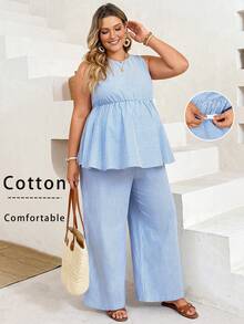 Plussiva Plus Size  Blue Striped Resort Two-Piece Set,Maternity Vacation Casual Striped Tank Top & Long Pants 2 Pieces Set - Blue - View 2