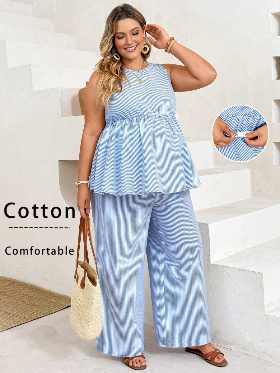 Plussiva Plus Size  Blue Striped Resort Two-Piece Set,Maternity Vacation Casual Striped Tank Top & Long Pants 2 Pieces Set