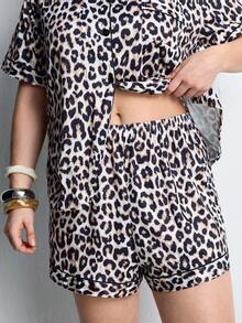 Slumbrini 2pcs Women Pajama Set, Leopard Print, Ladies Homewear, Spring/Summer Holiday Outfit, Short Sleeve Lapel Top And Shorts Can Be Worn Outerwear - Brown - View 8