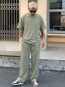 DAZY 男士夏季短袖上衣與長褲純色灰綠色兩件套 - 綠色 - 查看 7