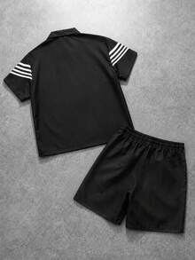 PAVTROS Men's Casual Shirt Set, Striped Print Casual Set - Black - View 2
