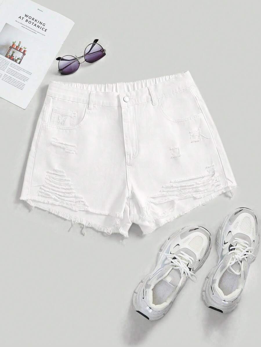 Breezaya Damen-Denim Shorts in großen Größen, lässig und vielseitig für den Alltag, mit Taschen, Knöpfen und Destroyed-Design - Weiss - Übersicht 1