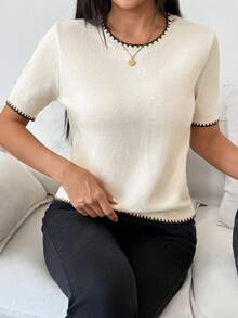 SHEIN 白色女款圓領對比包邊短袖針織上衣，適合春夏日常通勤穿著 - 米色 - 查看 5