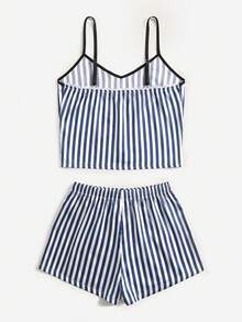 SilkySpell Women's Striped Contrast Color Camisole And Tie Waist Shorts Pajama Set - Multicolor - View 2