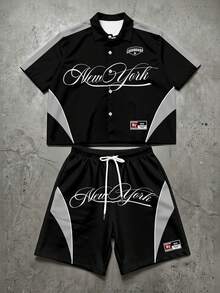 Manfinity EMRG Men's Colorblock Letter Print Short Shirt & Shorts Set - Multicolor - View 5