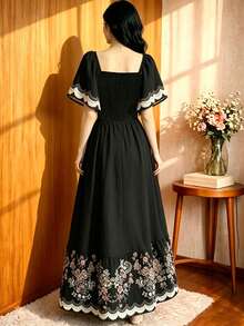Turtle Leaf, Coconut Tree, Scattered Leaf And Small Flower Plant Silhouette, Square Neck And Short Sleeve Dress With Ruffle Design At The Hem, Summer Vacation Style - Multicolor 14 - View 3