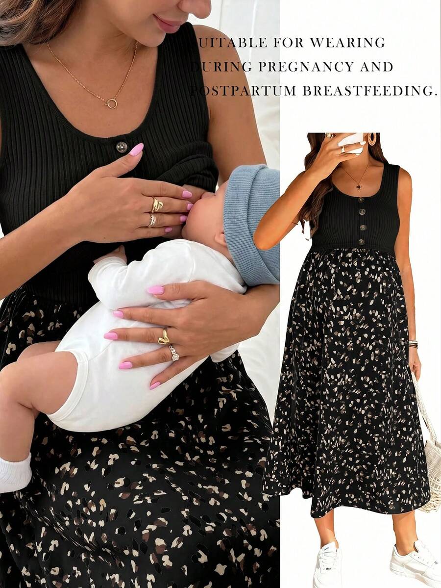 SHEIN 孕婦夏季休閒印花拼接無袖哺乳洋裝 - 黑色 - 查看 1
