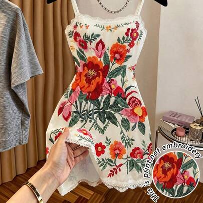 レディース ホワイト フローラル刺繍プリント ノースリーブ スパゲッティストラップ ドレス、夏 ボヘミアン ホリデー バケーション レーストリム ウエストシェイプ エレガント パーティー カクテルドレス