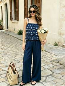 TaskSense Vacation Casual Sexy Breezy 2 In 1 Spaghetti Strap Jumpsuit Beach Vacation Navy Blue Floral Summer - Blue - View 8