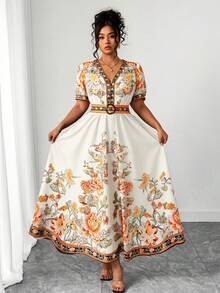 SHEIN Clasi Plus Size Women's Hot-Selling Fashionable Versatile Thai Maldives Travel Beach Vacation Bohemian Print Cinched Waist V-Neck Flutter Sleeve Flared Long Dress Spring Summer - Apricot - View 6