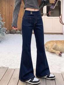 DAZY Women's Comfortable Elegant Flared Leg Jeans, Summer New Design Low Rise Jeans - Blue - View 8