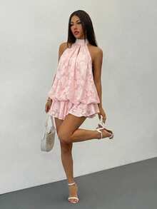 SHEIN PETITE 夏季優雅性感素色露背掛脖迷你洋裝 - 淺粉色 - 查看 1