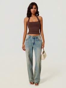 SHEIN BASICS 女款純色側開衩下擺修身掛脖背心 - 黑色 - 查看 5