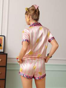 Chillnights Young Fashion Vibrant Fun Polka Dot & Wavy Stripe Lemon Slice Print Satin Lapel Button-Front Women's Pajama Set - Multicolor - View 2