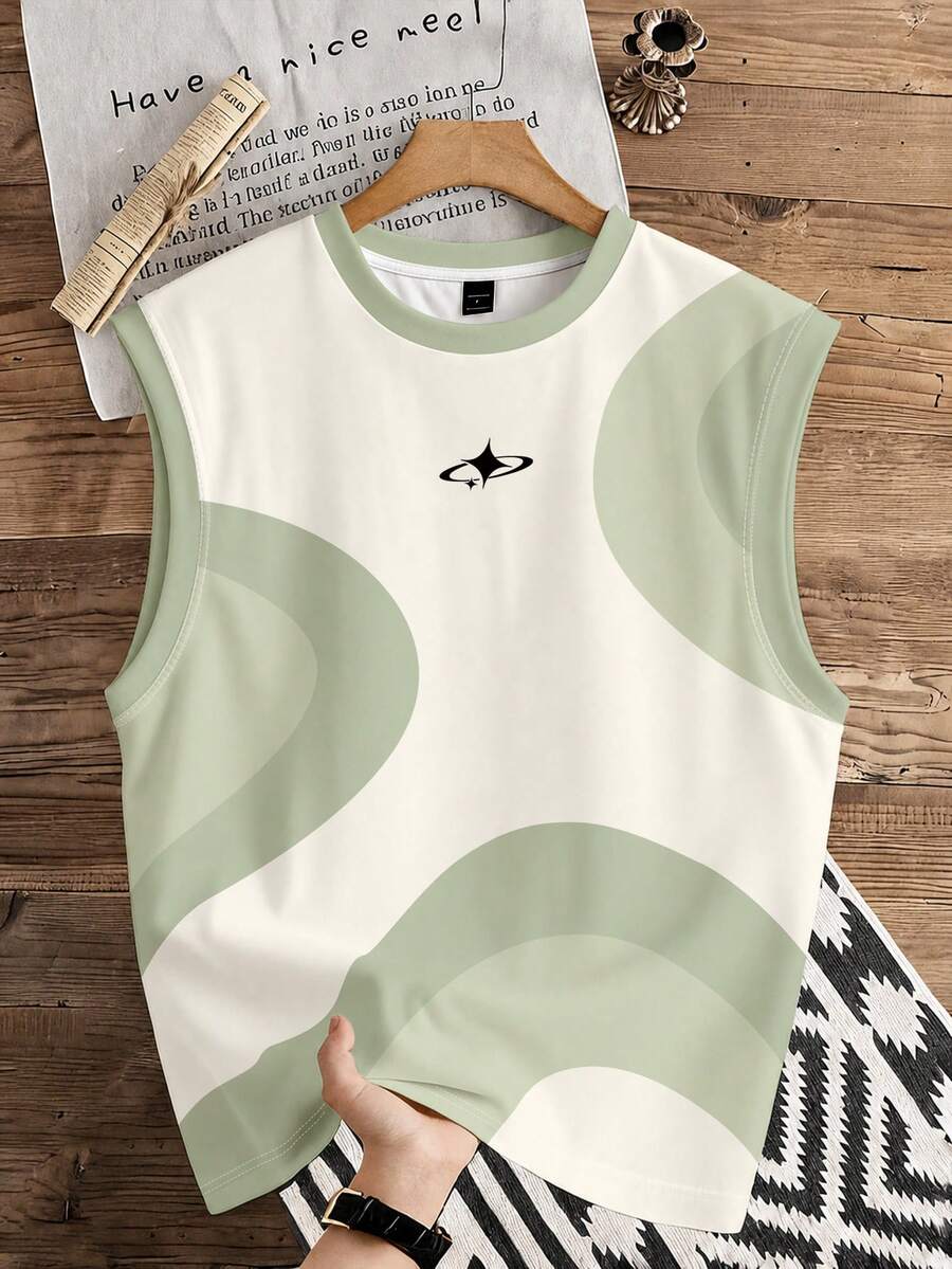Manfinity Hypemode Camiseta sin mangas de cuello redondo con estampado de estrellas para hombre, talla estándar, vacaciones - Verde - Ver 1