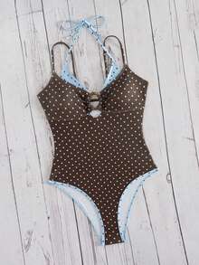 Swim Mod Women's Summer New Beach Swim Fashion Vacation Sweet Cute Colorblock Polka Dot Print 2 In 1 Design One-Piece Triangle Bikini Swimsuit Yellow Polka Dot Swimsuit Sexy Halter Backless Suitable For Beach Swimming Vacation Summer - Multicolor - View 3