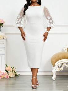 SHEIN Lady 大尺碼女款網紗拼接休閒派對洋裝 - 白色 - 查看 6