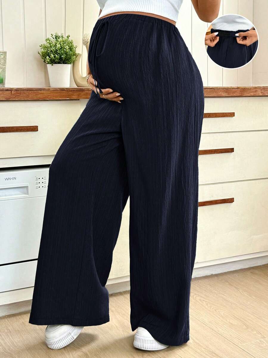 SHEIN Maternity Casual Versatile Solid Color Wide Leg Pants Fall - Navy Blue - View 1