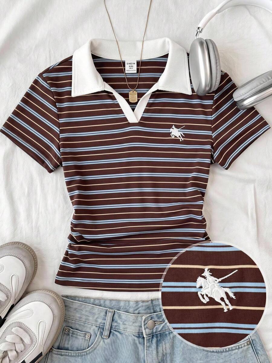 SHEIN 青少年女孩休閒學院風彩色條紋 Polo 領抽褶腰短袖 T 恤 - 彩色 - 查看 1