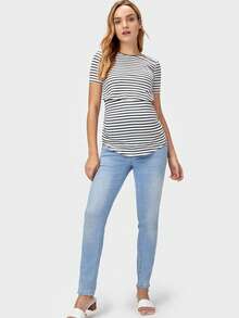 SHEIN Maternidad Camiseta de rayas bajo curvo amamantamiento - Blanco y Negro - Ver 6