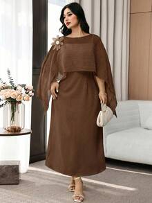 Modelyn Plus Size Solid Color Minimalist Design 3D Floral Decor Elegant Summer Dress Fall - Coffee Brown - View 4
